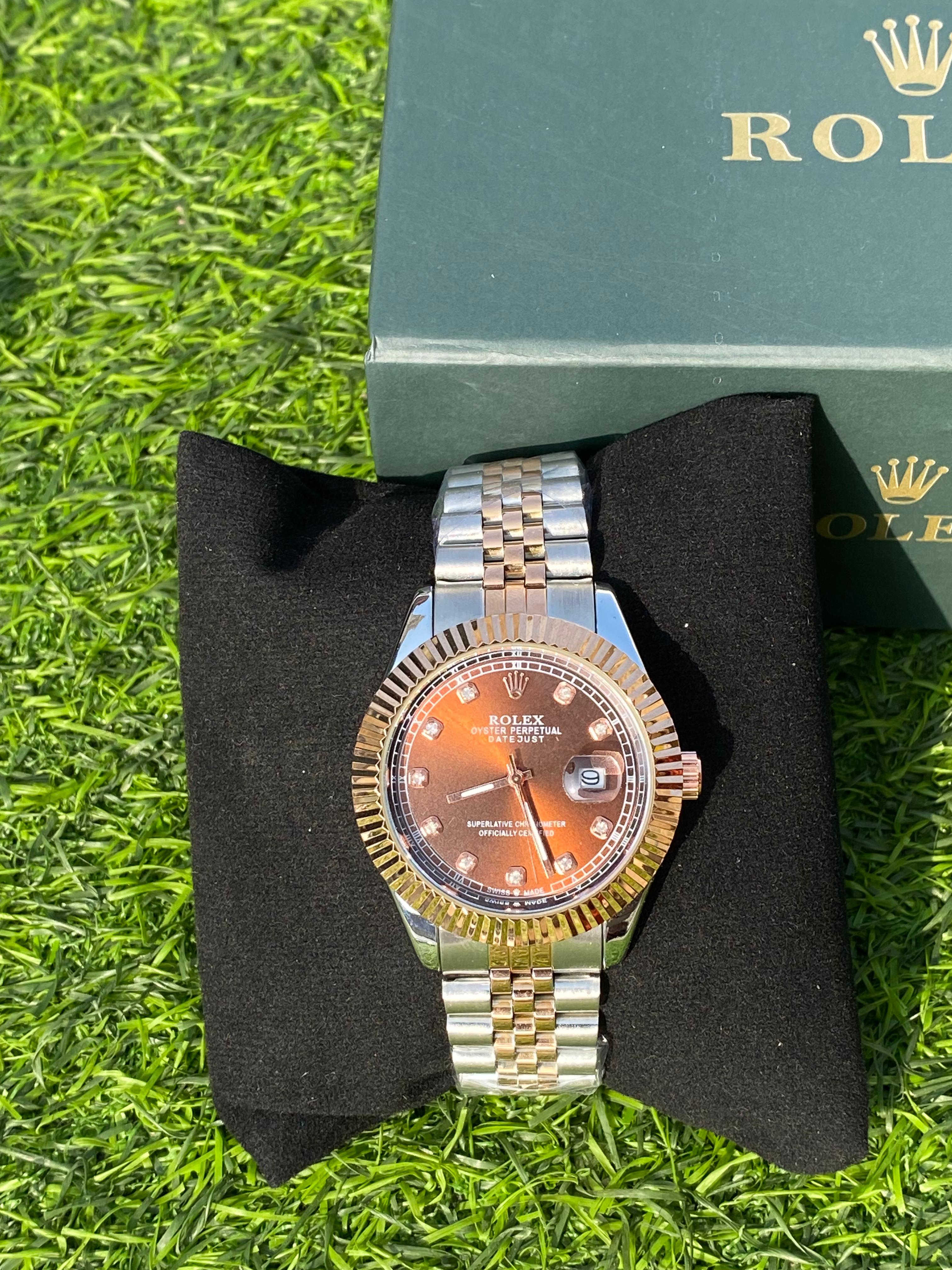 ROLEX ORANGE DIAL WITH SILVER&GOLDEN CHAIN