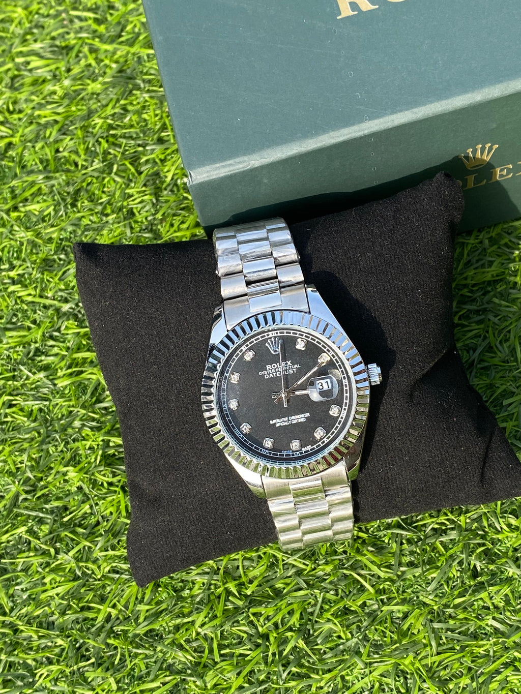 ROLEX BLACK DIAL WITH SILVER CHAIN