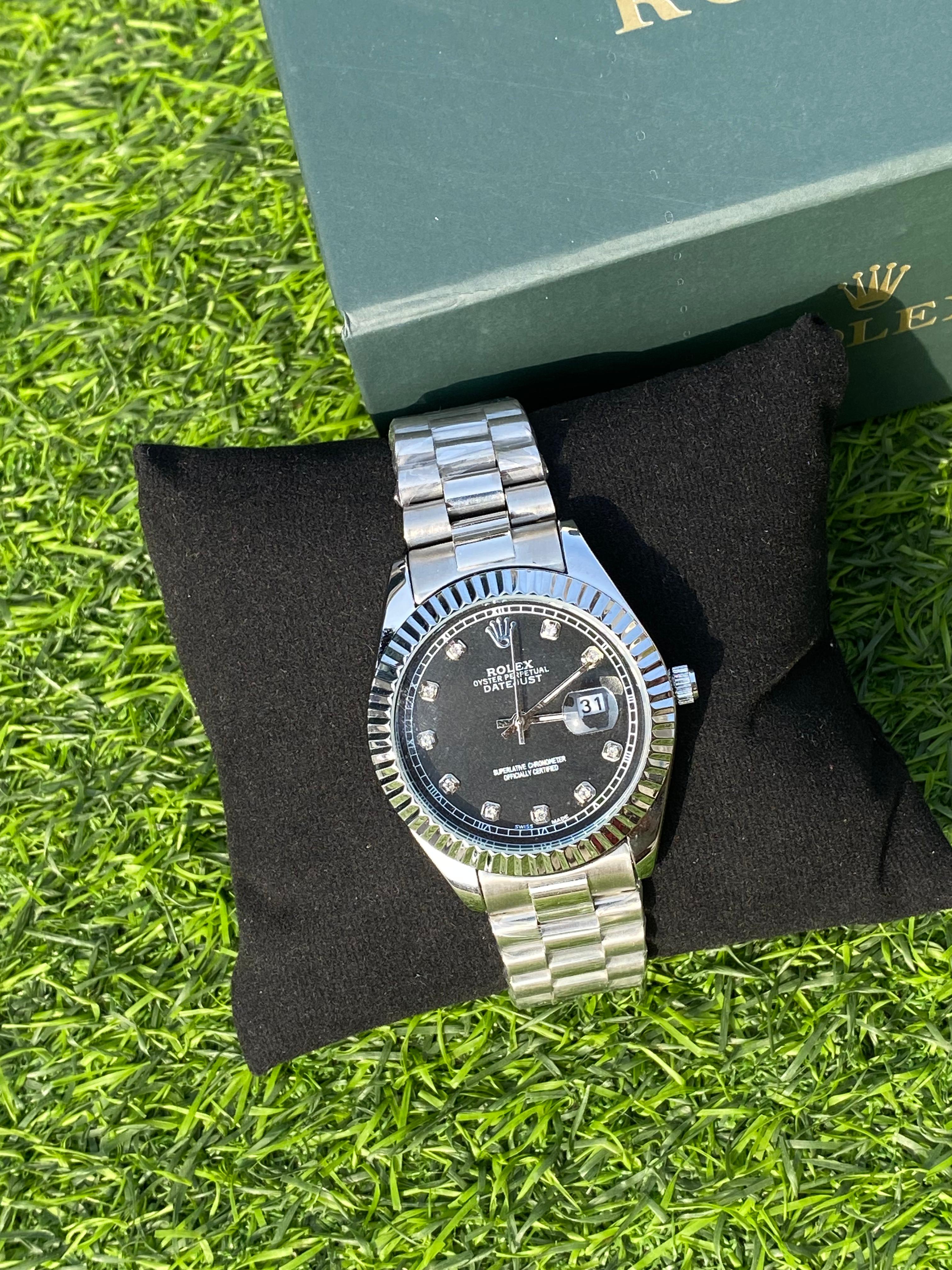 ROLEX BLACK DIAL WITH SILVER CHAIN