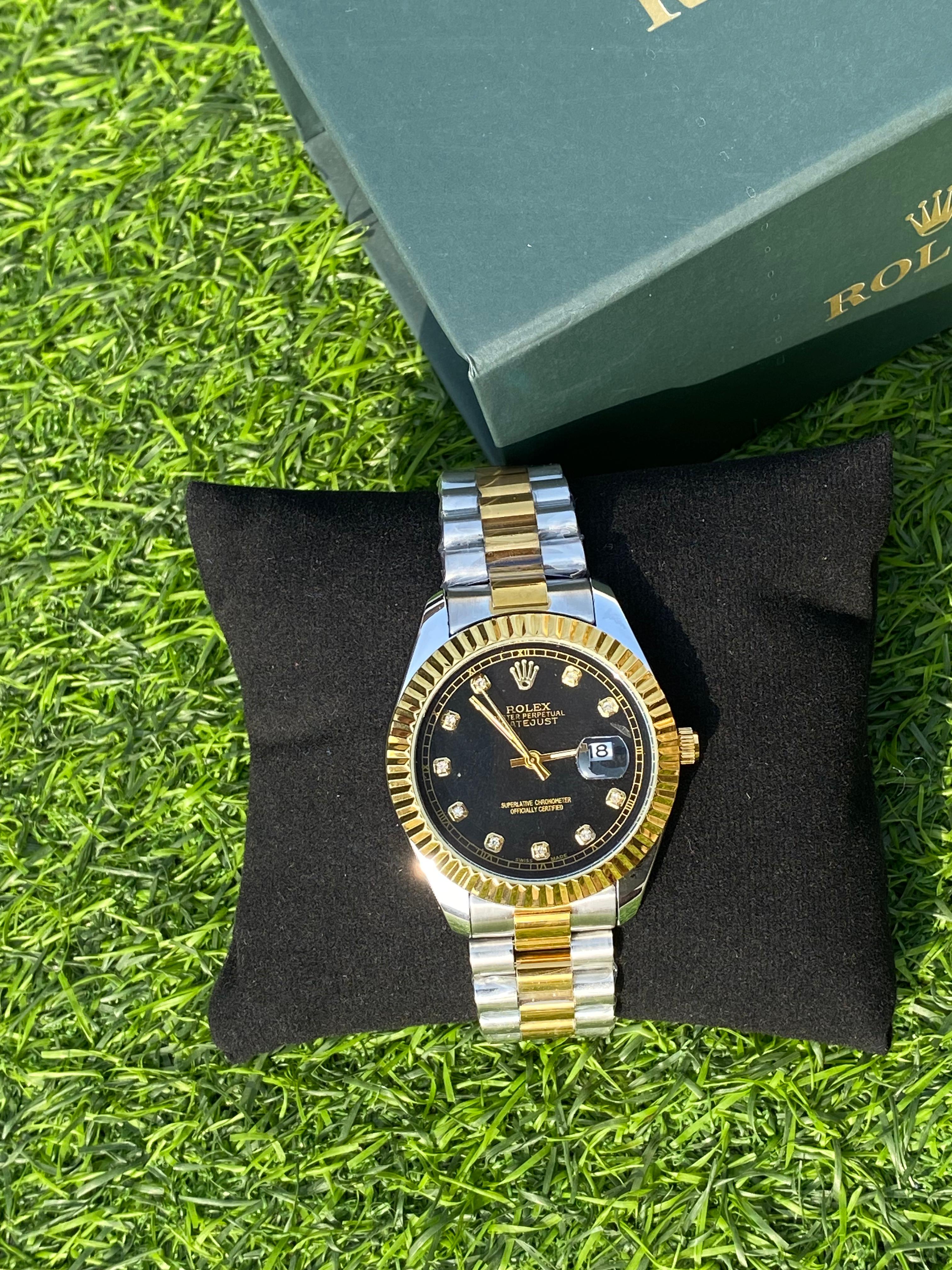 ROLEX BLACK DIAL WITH SILVER&GOLDEN CHAIN